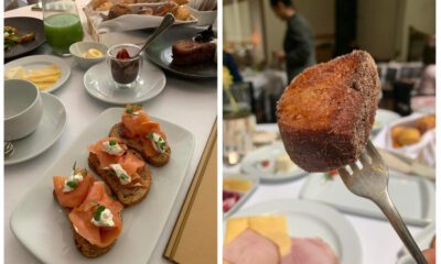 Duas fotos mostram comidas. Na primeira torradas com salmão cru, café, queijo e pessoas desfocadas ao fundo. Na segunda um bolinho de chuva espetado em um garfo.