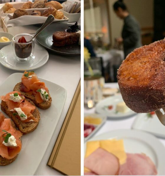 Duas fotos mostram comidas. Na primeira torradas com salmão cru, café, queijo e pessoas desfocadas ao fundo. Na segunda um bolinho de chuva espetado em um garfo.