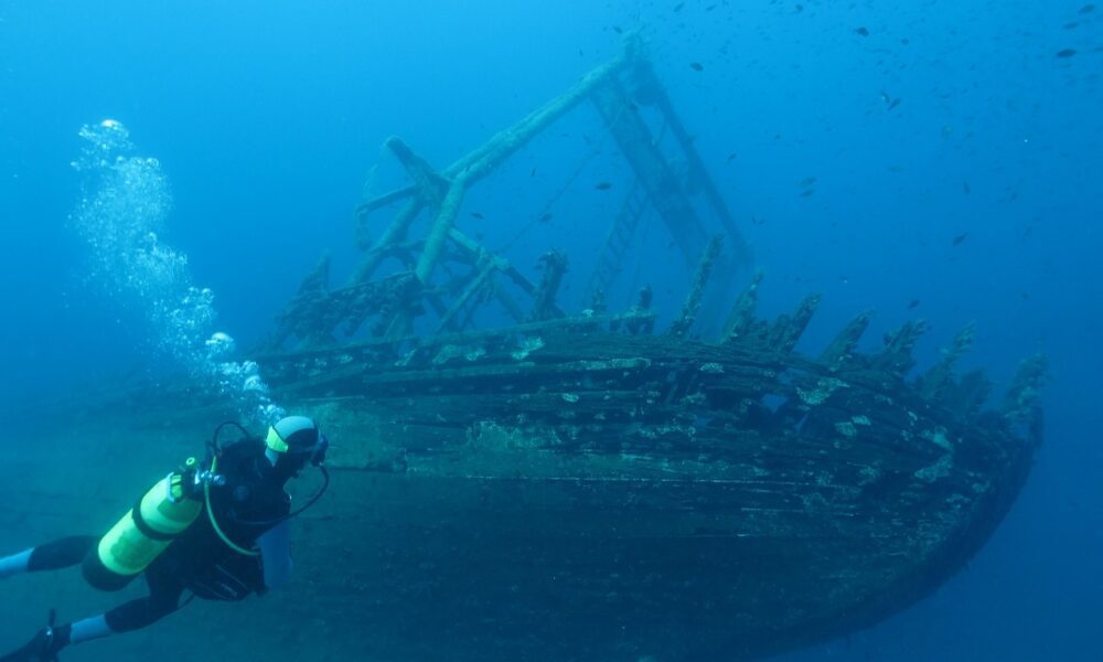 Mergulhador vendo navio naufragado.