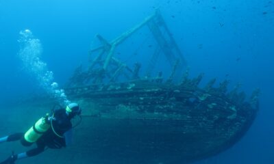 Mergulhador vendo navio naufragado.