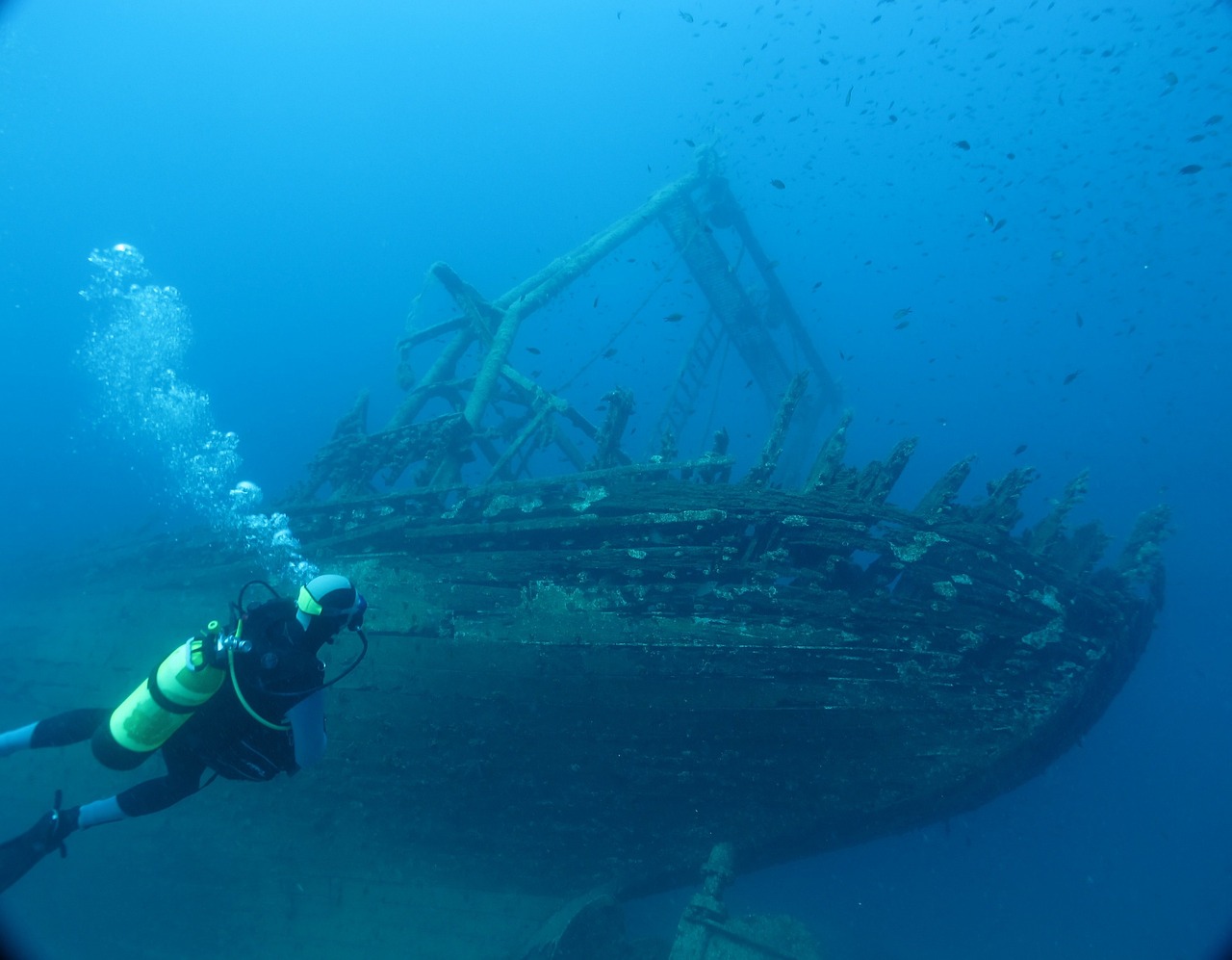 Mergulhador vendo navio naufragado.