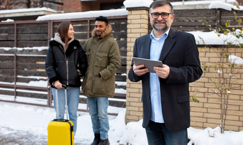 Casa ao fundo com portão de madeira, neve no chão e um casal com roupas de frio e uma mala amarela. No primeiro plano homem de meia idade de barba, de casaco preto segura um tablet. Todos estão sorridentes.