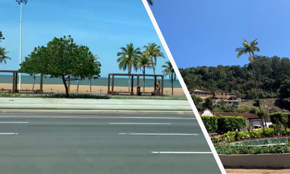 Foto dividida em duas partes. À esquerda um dia ensolarado mostra o calçadão da praia e o mar. No primeiro plano vê-se o asfalto. Na segunda foto, árvores e casas na região de serra.