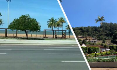 Foto dividida em duas partes. À esquerda um dia ensolarado mostra o calçadão da praia e o mar. No primeiro plano vê-se o asfalto. Na segunda foto, árvores e casas na região de serra.