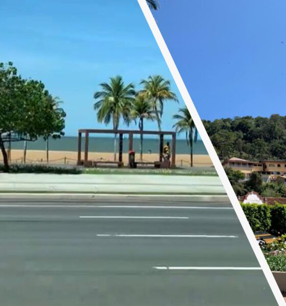 Foto dividida em duas partes. À esquerda um dia ensolarado mostra o calçadão da praia e o mar. No primeiro plano vê-se o asfalto. Na segunda foto, árvores e casas na região de serra.