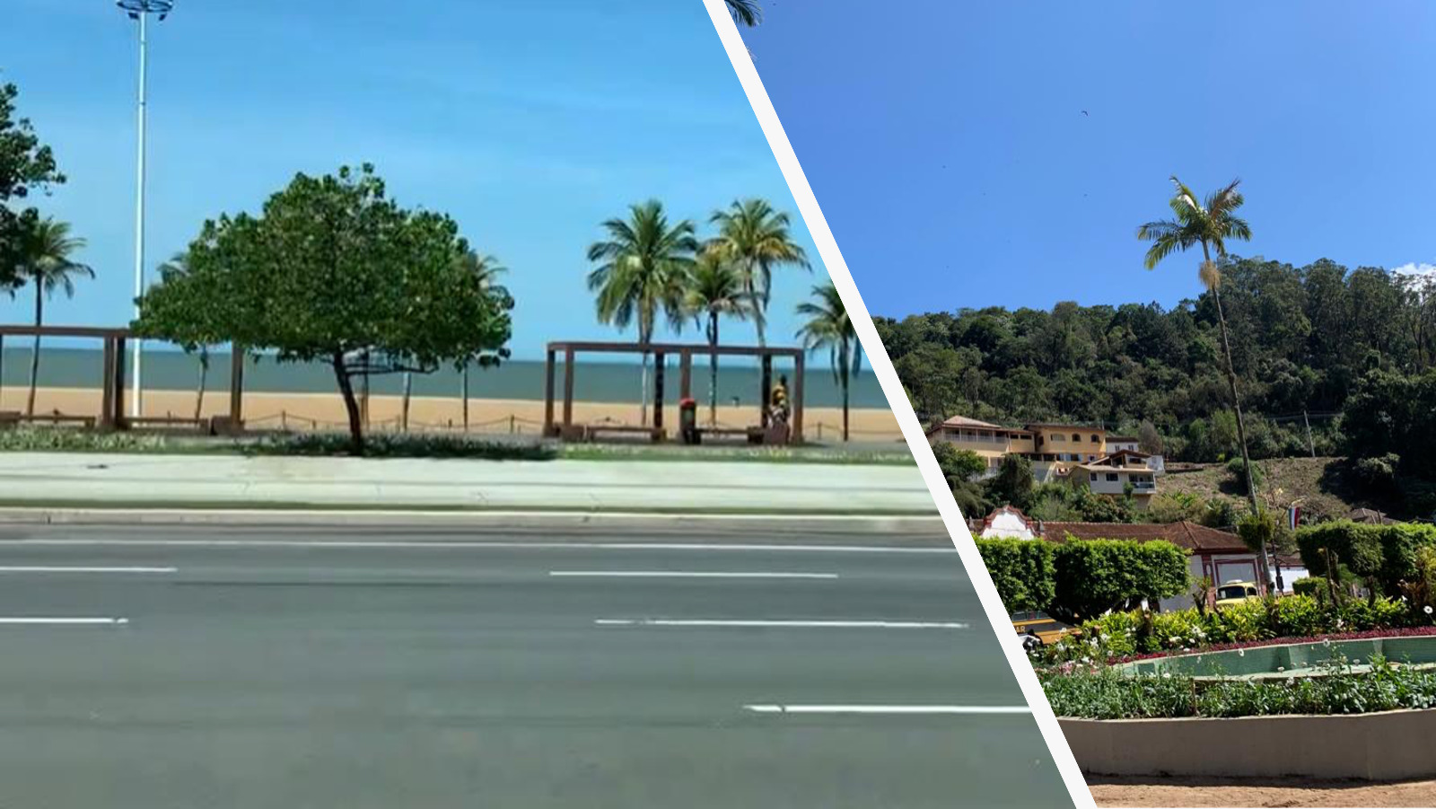 Foto dividida em duas partes. À esquerda um dia ensolarado mostra o calçadão da praia e o mar. No primeiro plano vê-se o asfalto. Na segunda foto, árvores e casas na região de serra.