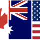 imagem das bandeiras dos 3 países, canadá, austrália e Estados Unidos, nas cores vermelho e azul.