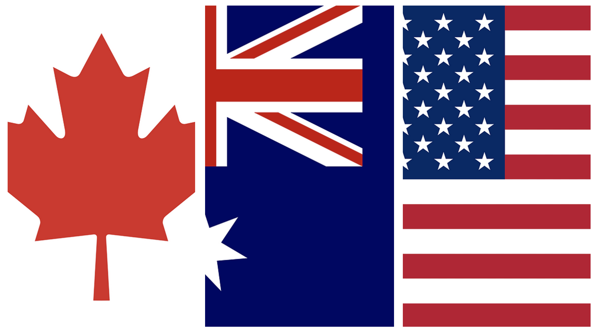 imagem das bandeiras dos 3 países, canadá, austrália e Estados Unidos, nas cores vermelho e azul.